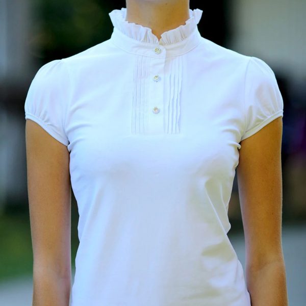 Cara Ladies White Ruffle Neck Show Shirt