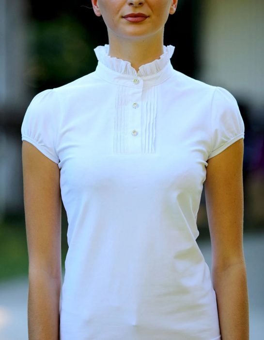 Cara Ladies White Ruffle Neck Show Shirt