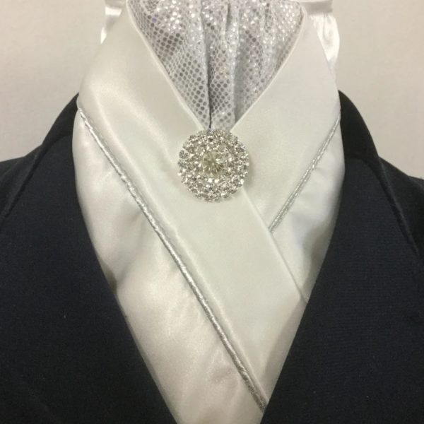 HHD ‘Ellie’ White Custom Stock Tie in Silver with Rhinestone Pin