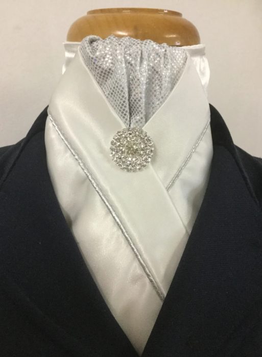HHD ‘Ellie’ White Custom Stock Tie in Silver with Rhinestone Pin