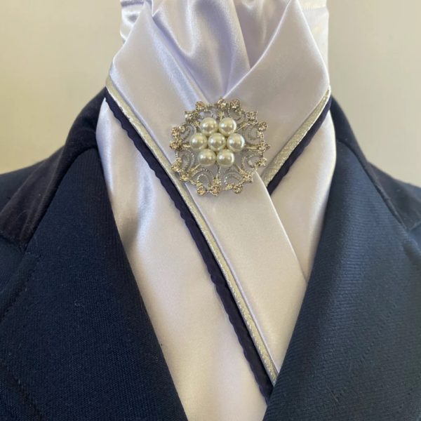 HHD Custom White Satin Pretied Stock Tie Silver & Navy Blue