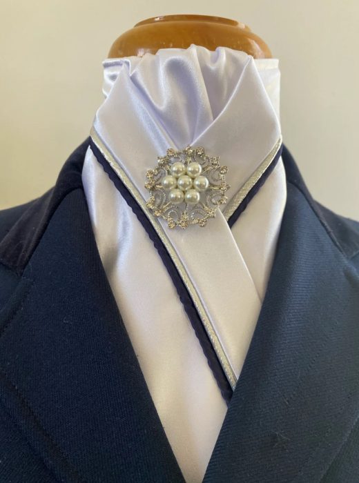 HHD Custom White Satin Pretied Stock Tie Silver & Navy Blue