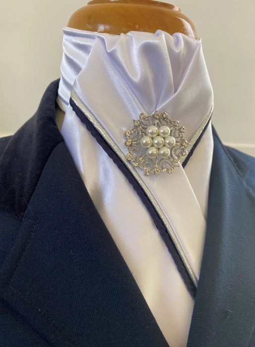 HHD Custom White Satin Pretied Stock Tie Silver & Navy Blue - Image 2
