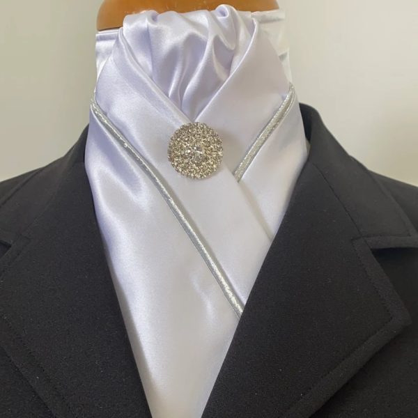 HHD White Custom Pre-tied Stock Tie with Silver Piping