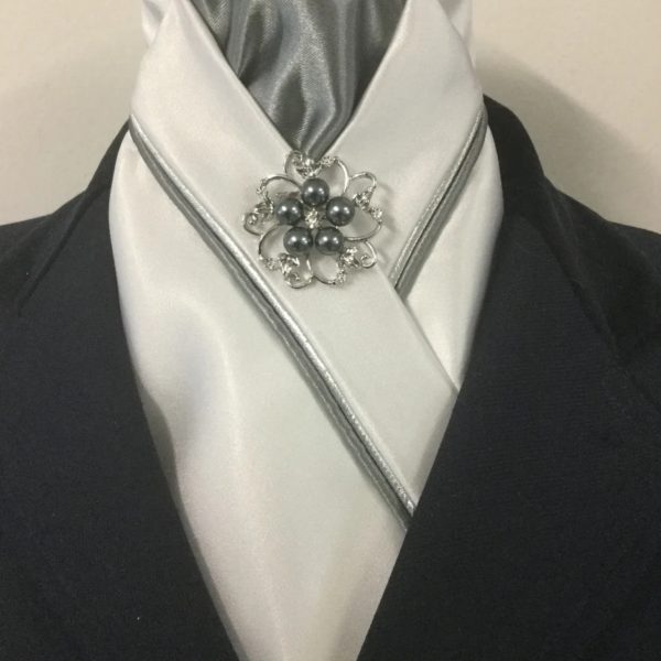 HHD White Satin Custom Pretied Stock Tie Silver and Grey
