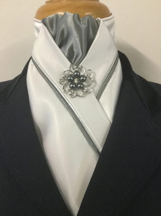 HHD White Satin Custom Pretied Stock Tie Silver and Grey